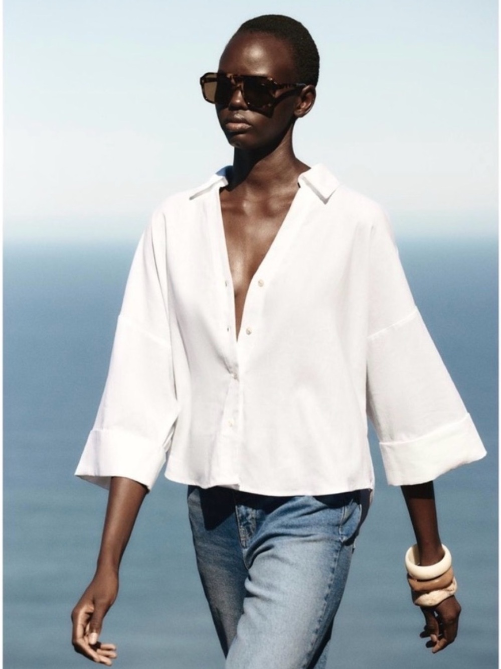 Zara Wide Sleeve Linen Blend Blouse NWOT